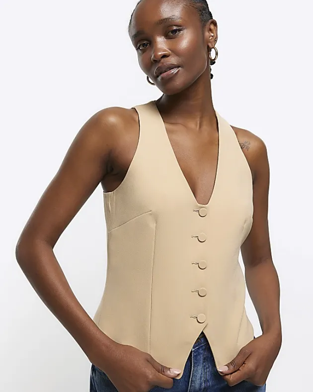 River Island Beige button front waistcoat< Suits & Tailoring
