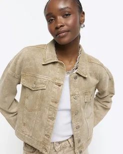 River Island Beige cropped denim jacket< Coats & Jackets
