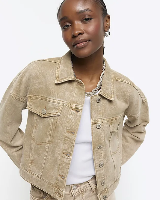 River Island Beige cropped denim jacket< Coats & Jackets
