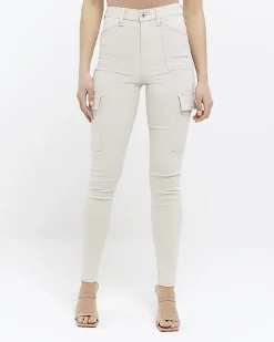 River Island Beige high waisted skinny cargo jeans< Jeans