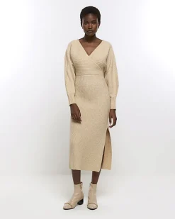River Island Beige knit wrap jumper midi dress< Dresses