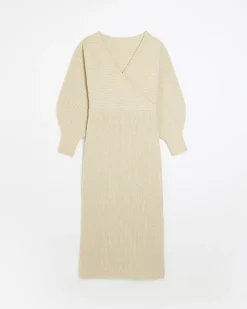 River Island Beige knit wrap jumper midi dress< Dresses