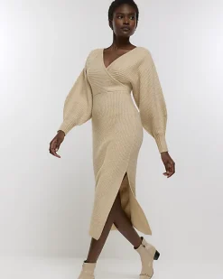 River Island Beige knit wrap jumper midi dress< Dresses