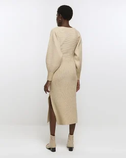 River Island Beige knit wrap jumper midi dress< Dresses