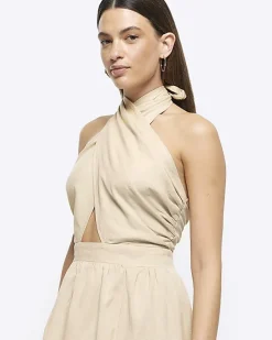 River Island Beige linen halter neck midi dress< Dresses