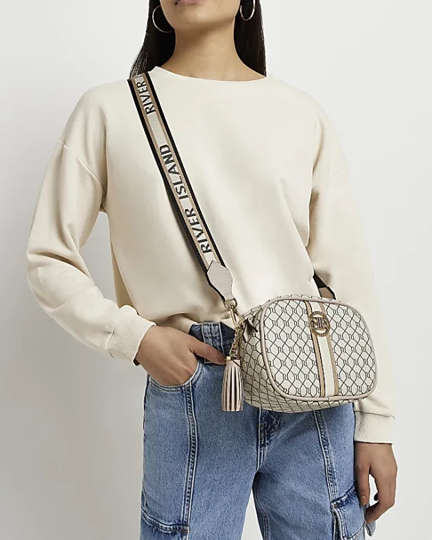 River Island Beige RI monogram print cross body bag< Bags, Purses & Luggage