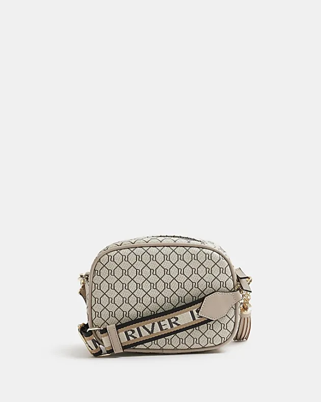 River Island Beige RI monogram print cross body bag< Bags, Purses & Luggage