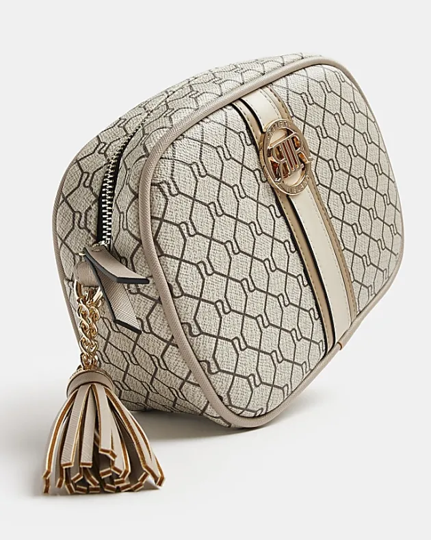 River Island Beige RI monogram print cross body bag< Bags, Purses & Luggage