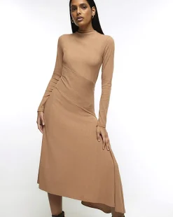 River Island Beige rib asymmetric bodycon midi dress< Dresses