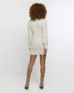 River Island Beige rib puff sleeve jumper mini dress< Dresses
