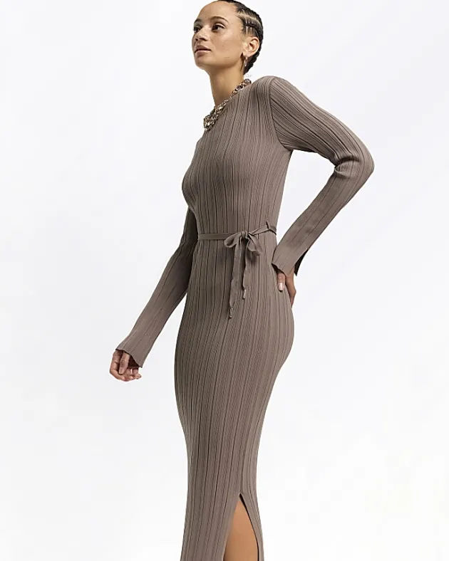 River Island Beige rib tie waist jumper maxi dress< Dresses