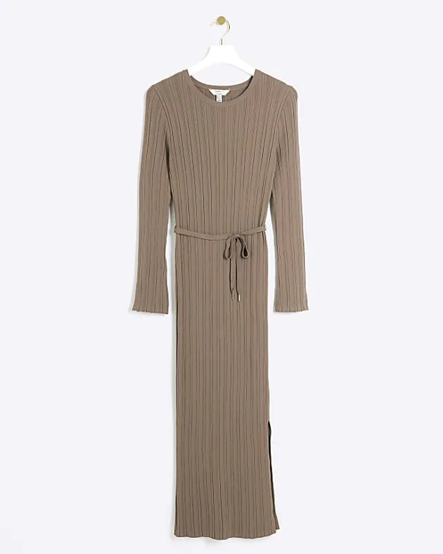 River Island Beige rib tie waist jumper maxi dress< Dresses
