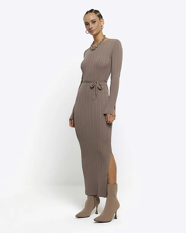 River Island Beige rib tie waist jumper maxi dress< Dresses