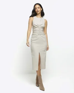 River Island Beige ruched split bodycon midi dress< Dresses