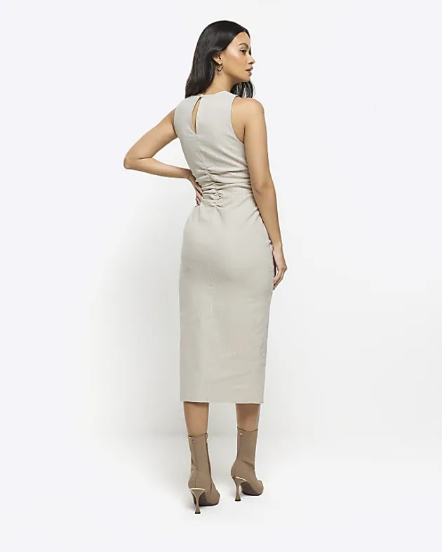 River Island Beige ruched split bodycon midi dress< Dresses