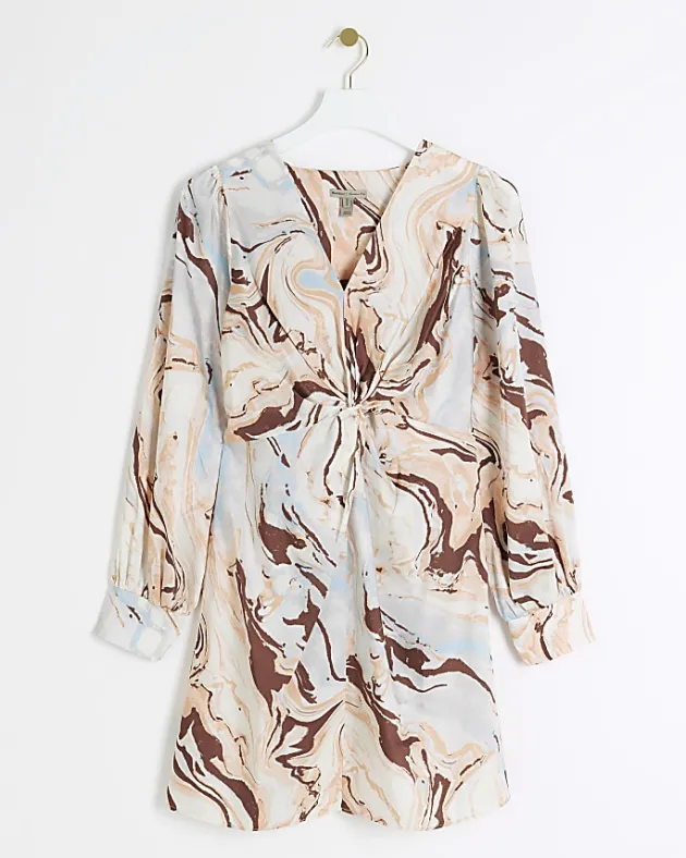River Island Beige Satin Marble print Shift Mini Dress< Dresses