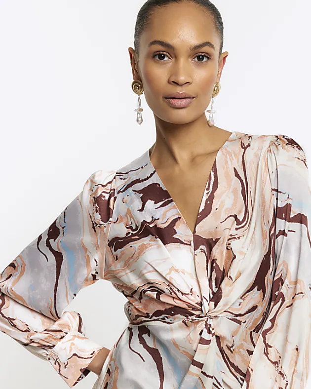 River Island Beige Satin Marble print Shift Mini Dress< Dresses