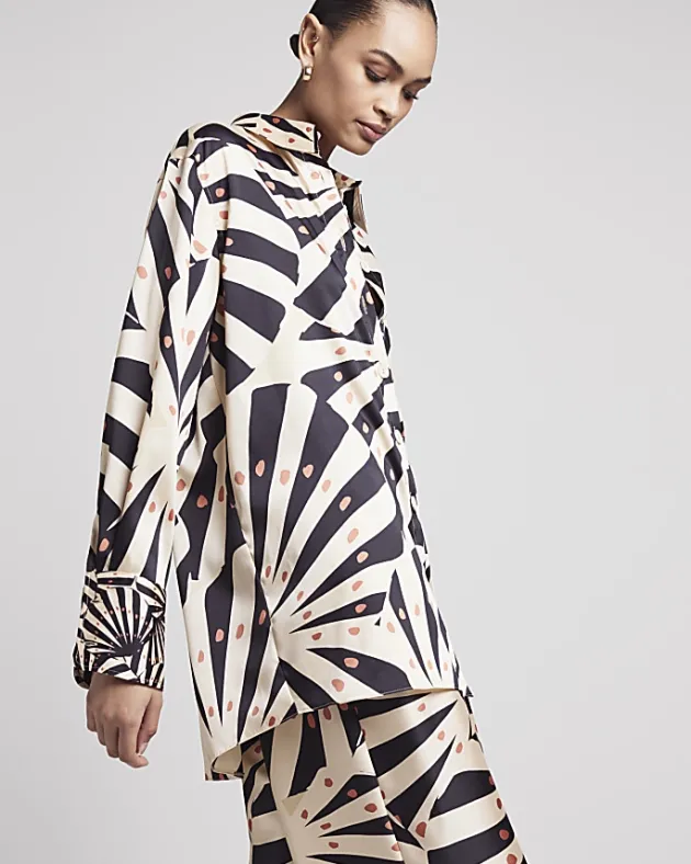 River Island Beige satin stripe oversized shirt< Co-ord Sets