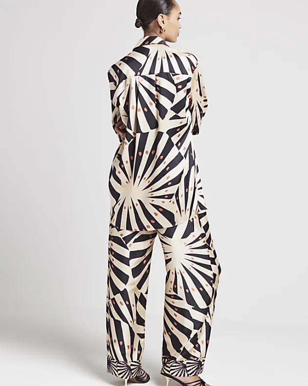 River Island Beige satin stripe oversized shirt< Co-ord Sets