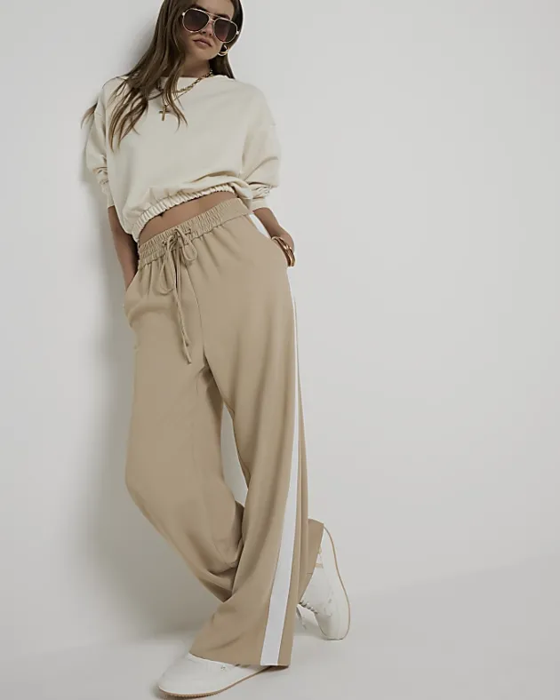River Island Beige side stripe wide leg joggers< Trousers