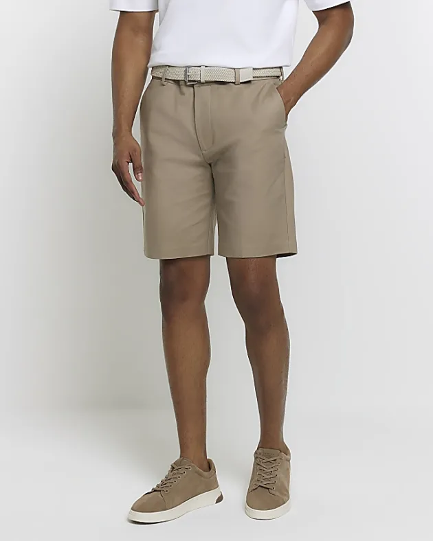 River Island Beige slim fit belted chino shorts< Shorts