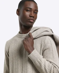 River Island Beige slim fit wool blend crew jumper< Jumpers & Cardigans
