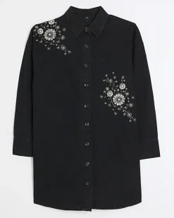 River Island Black denim embellished mini shirt dress< Dresses