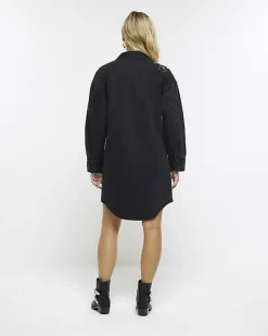 River Island Black denim embellished mini shirt dress< Dresses