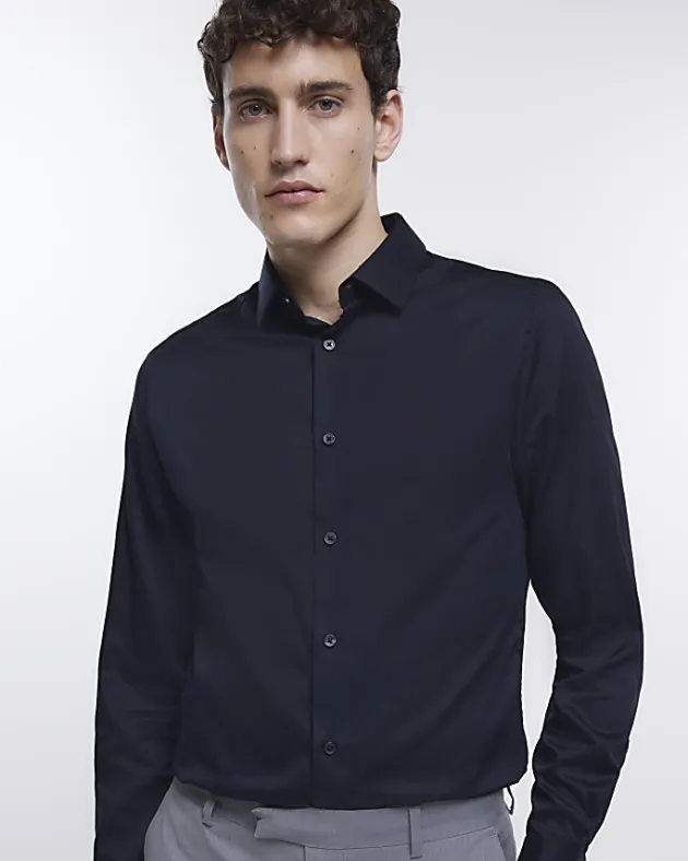 River Island slim fit sateen long sleeve shirt< Shirts