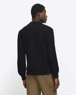 River Island slim fit textured knit long sleeve polo< Polo Shirts