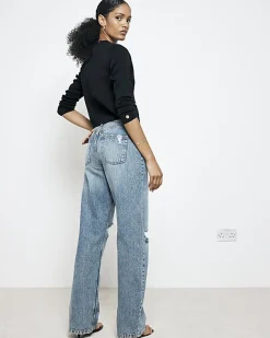 River Island high waisted relaxed straight rip jeans< Jeans