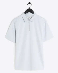 River Island slim fit herringbone zip polo shirt< Polo Shirts