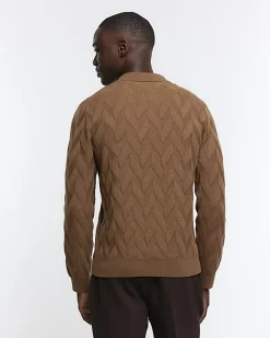River Island slim fit textured knit long sleeve polo< Polo Shirts