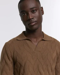 River Island slim fit textured knit long sleeve polo< Polo Shirts