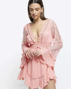River Island Coral broderie plunge beach mini dress< Swimwear & Beachwear