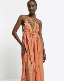 River Island Coral embellished plunge beach maxi dress< Swimwear & Beachwear