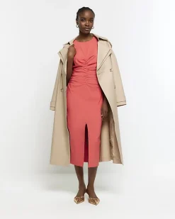 River Island Coral ruched split bodycon midi dress< Dresses