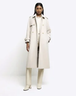 River Island Cream belted longline trench coat< Coats & Jackets