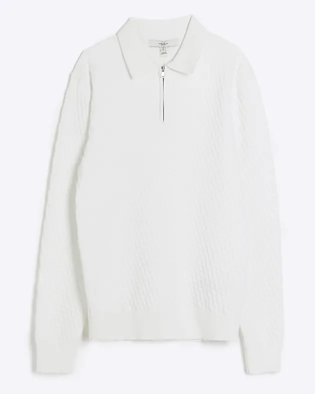 River Island Ecru muscle fit zig zag knit polo< Polo Shirts