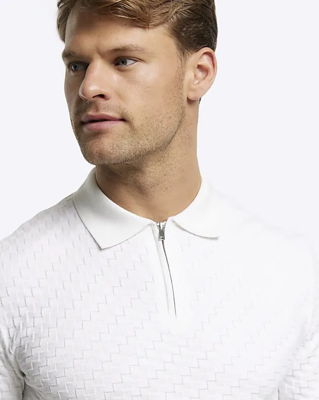 River Island Ecru muscle fit zig zag knit polo< Polo Shirts