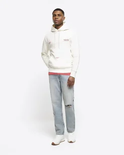 River Island Ecru regular fit embossed graphic hoodie< Hoodies & Sweatshirts
