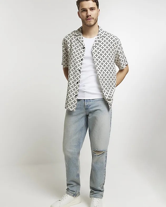 River Island Ecru regular fit geometric revere shirt< Shirts