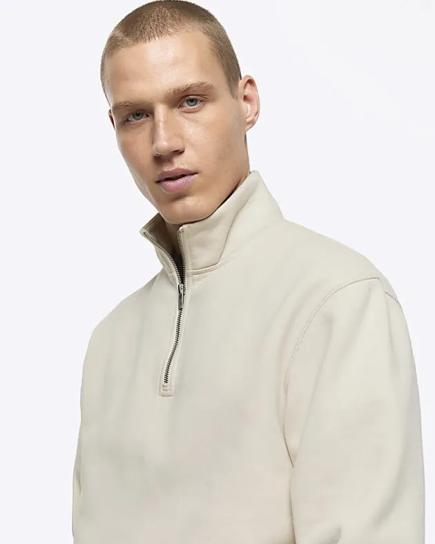 River Island Ecru regular fit half zip sweatshirt< Tracksuits