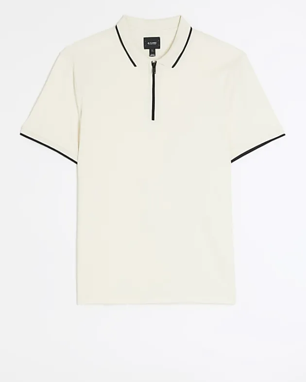 River Island Ecru slim fit taped collar polo< Polo Shirts