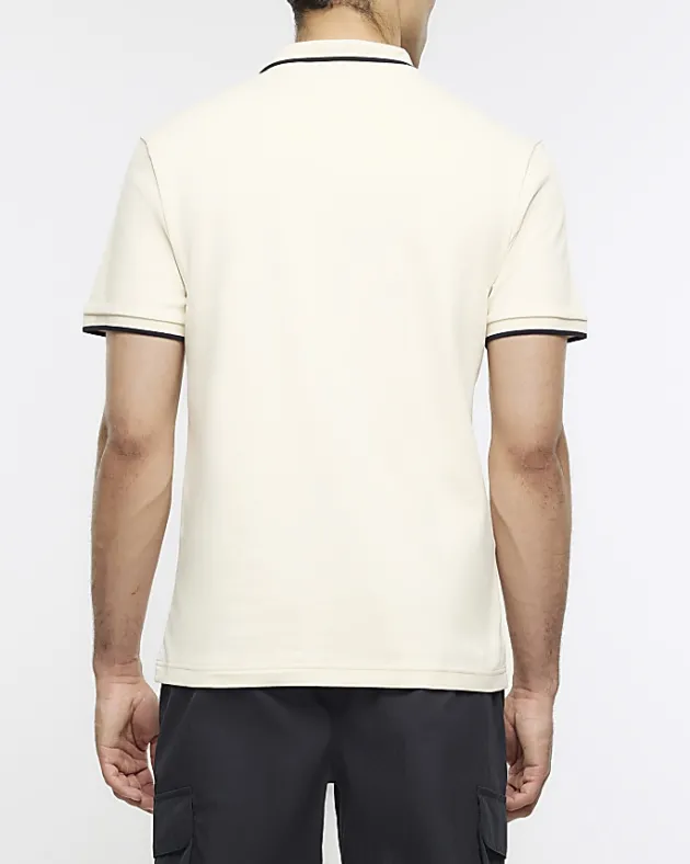 River Island Ecru slim fit taped collar polo< Polo Shirts