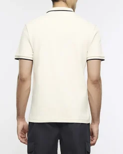 River Island Ecru slim fit taped collar polo< Polo Shirts