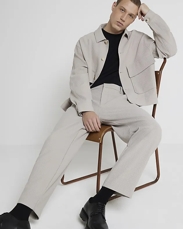 River Island Ecru tapered fit plisse smart trousers< Trousers