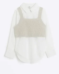 River Island Girls Beige Embellished Knit Top And Shirt< Sets & Outfits