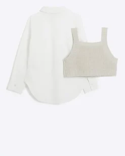 River Island Girls Beige Embellished Knit Top And Shirt< Sets & Outfits