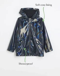 River Island Girls navy hooded zip up rain coat< Coats & Jackets